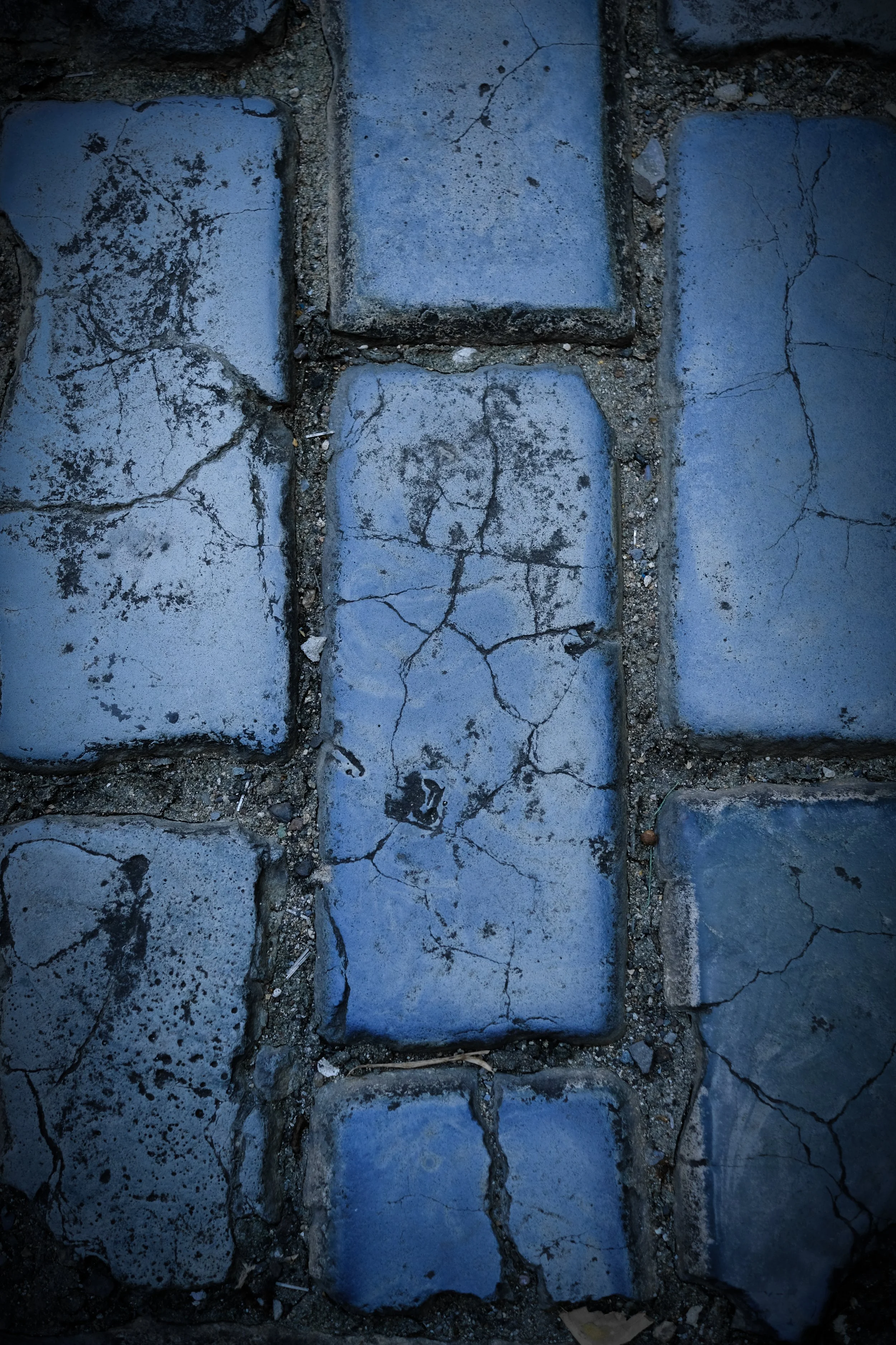 Close-up of worn, cracked blue stone paving bricks in a sidewalk with dirt and small debris between the stones.
