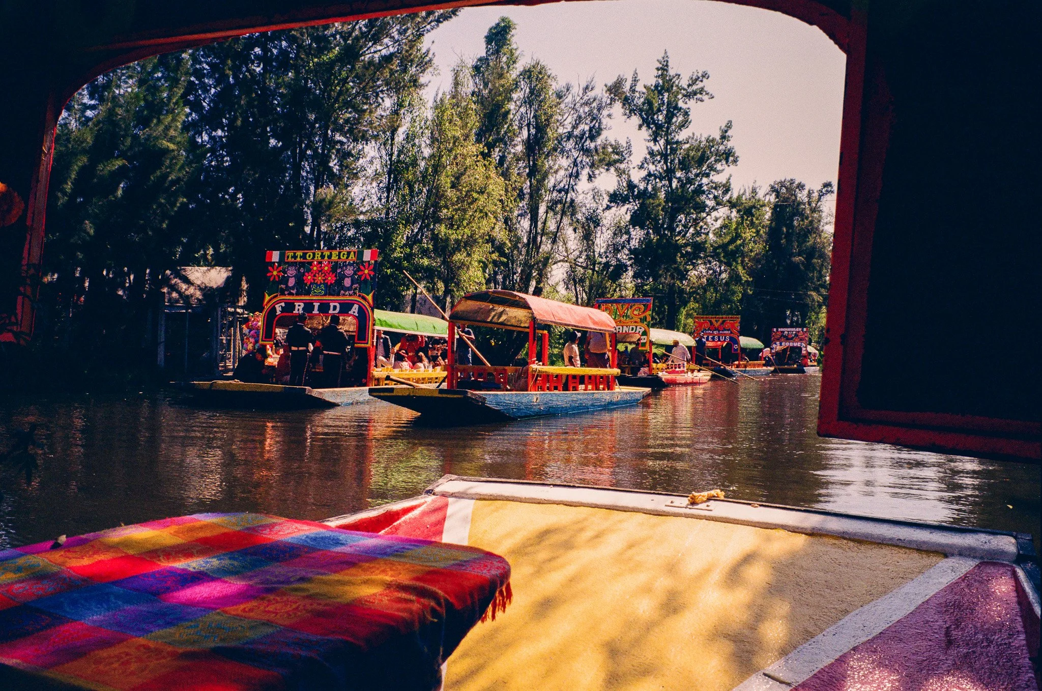 View from a boat showing colorful boats with decorated signs and trees in the background on a sunny day.