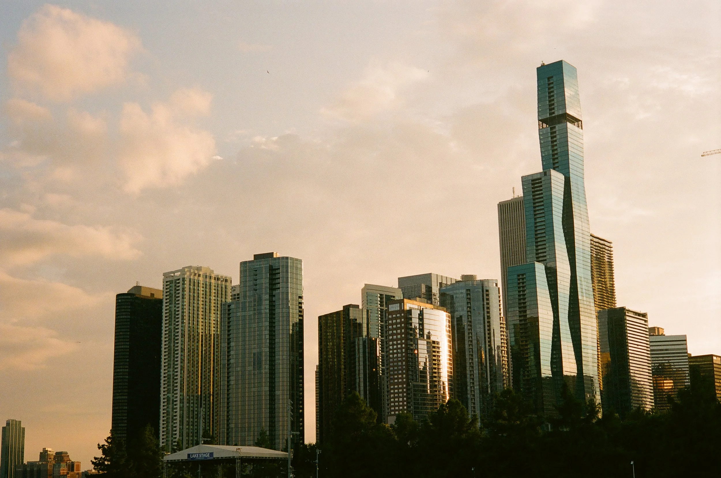 City skyline with modern skyscrapers during sunset