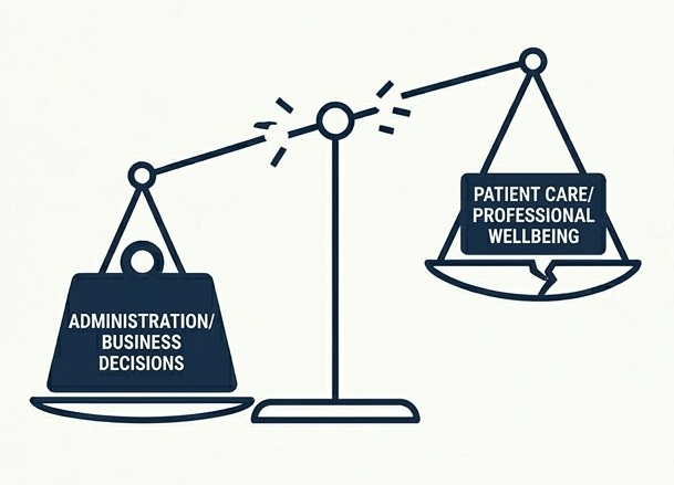 A scale balancing administration and business decisions on one side and patient care and professional wellbeing on the other.