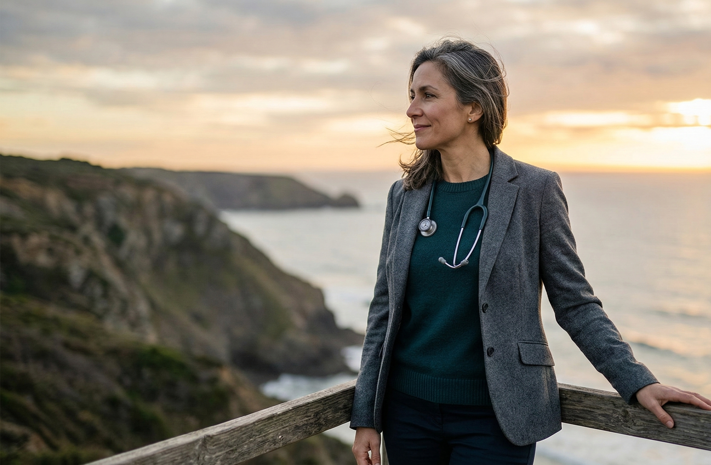 A content physician stands in nature, looking thoughtfully into the distance.