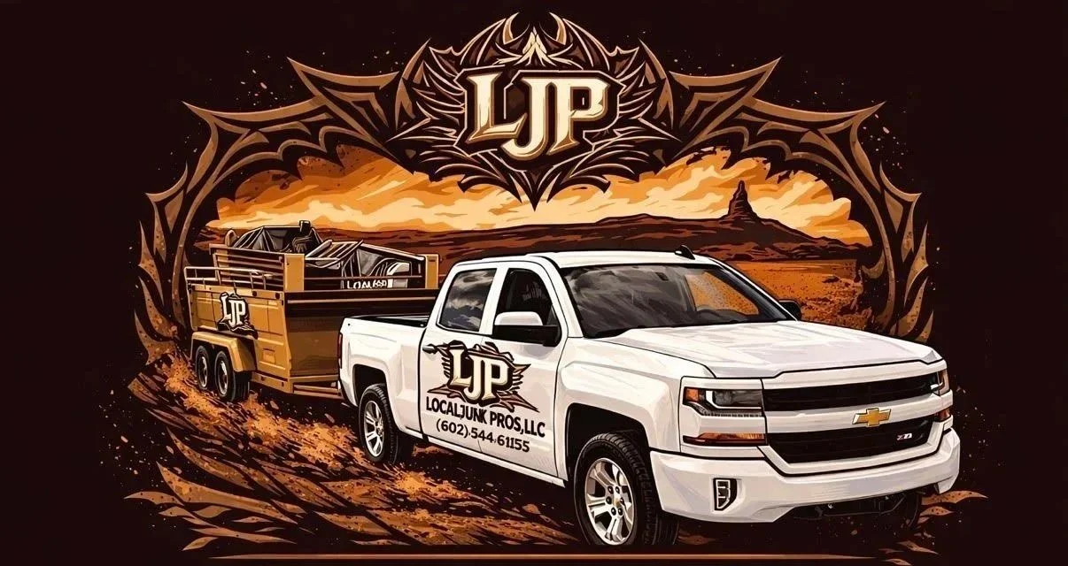 A white Chevrolet truck with the logo and contact info for 'Local JUNK PROS LLC' on the door, pulling a trailer with furniture and junk, in a desert landscape at sunset with rugged mountains in the background and a decorative logo with 'LP' at the top.
