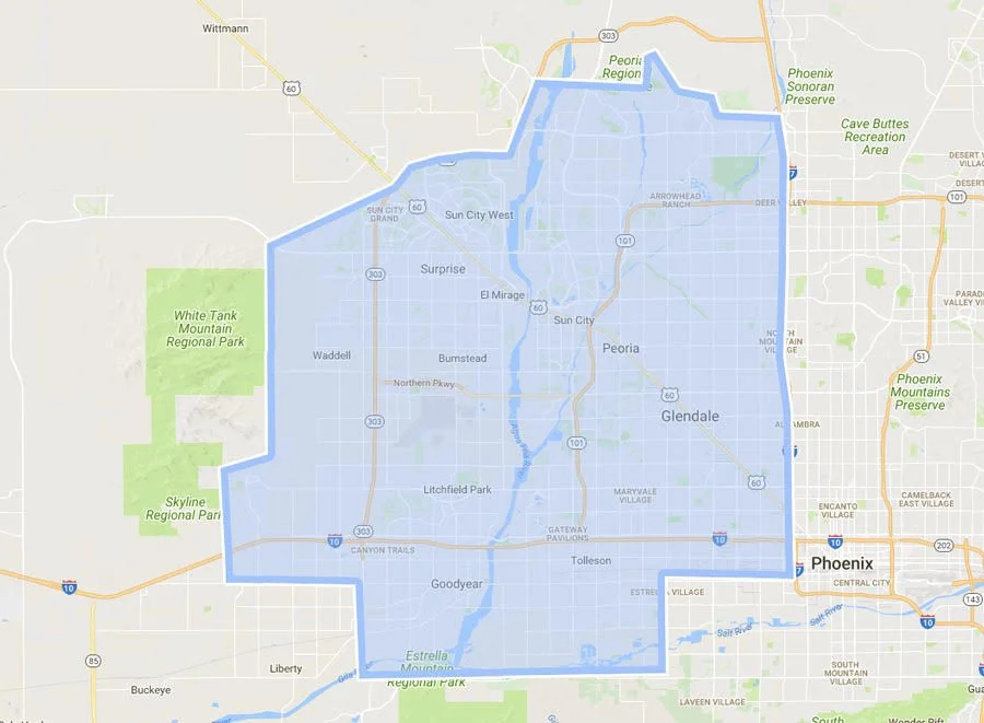 Junk removal service area map Phoenix Glendale Peoria Arizona