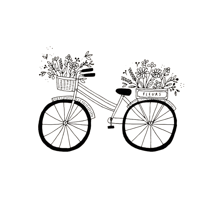 Black and white line drawing of a bicycle with a basket of flowers on the front and a flower box on the back.