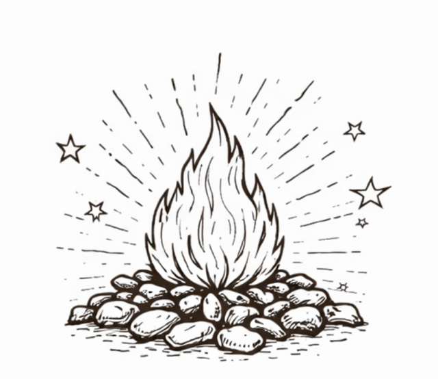 Drawing of a campfire with flames surrounded by rocks, with stars and radiating lines in the background.