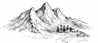 Black and white drawing of mountain peaks with trees in the foreground.