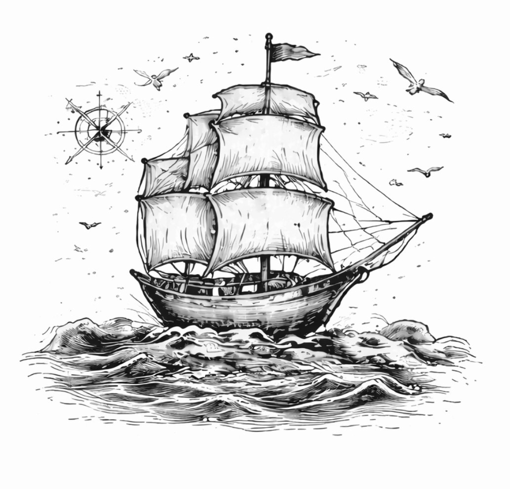 A black and white illustration of a sailing ship with three masts navigating through the ocean, surrounded by seagulls and a compass rose in the sky.