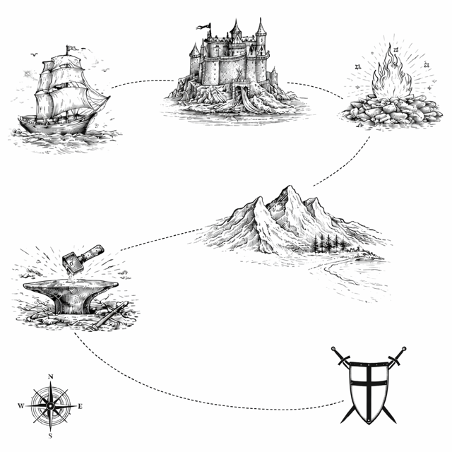 A treasure map with illustrations of a sailing ship, a castle, a campfire, a mountain range, an axe and saw on an anvil, a sword shield, and a compass rose.