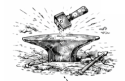 A hammer striking an anvil with sparks flying, illustrating blacksmithing or metalworking.