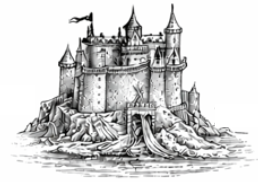 A detailed black and white illustration of a medieval castle on a rocky island with multiple towers and flags.
