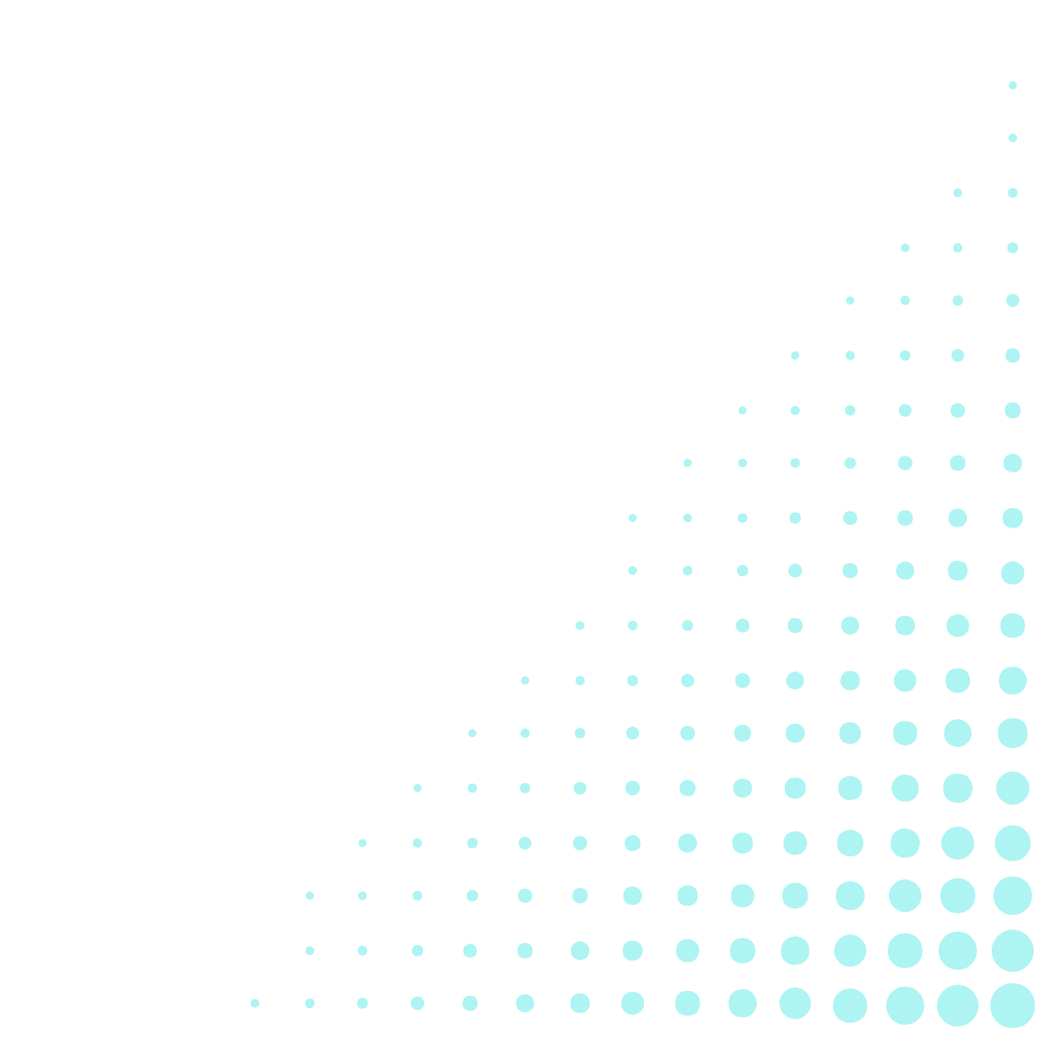 An abstract illustration of a soundwave with varying size and spacing of blue dots on a black background.