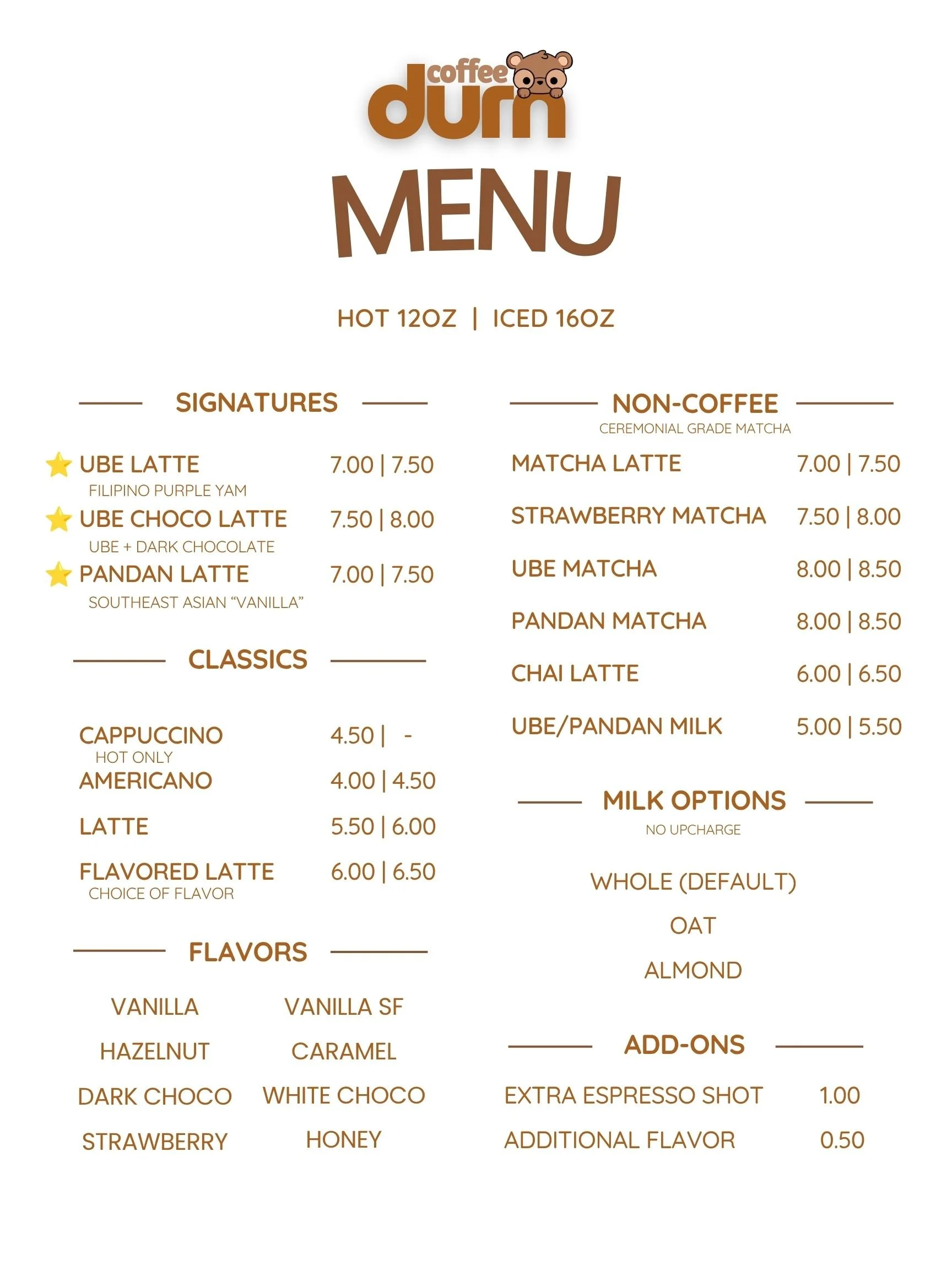 durn coffee menu