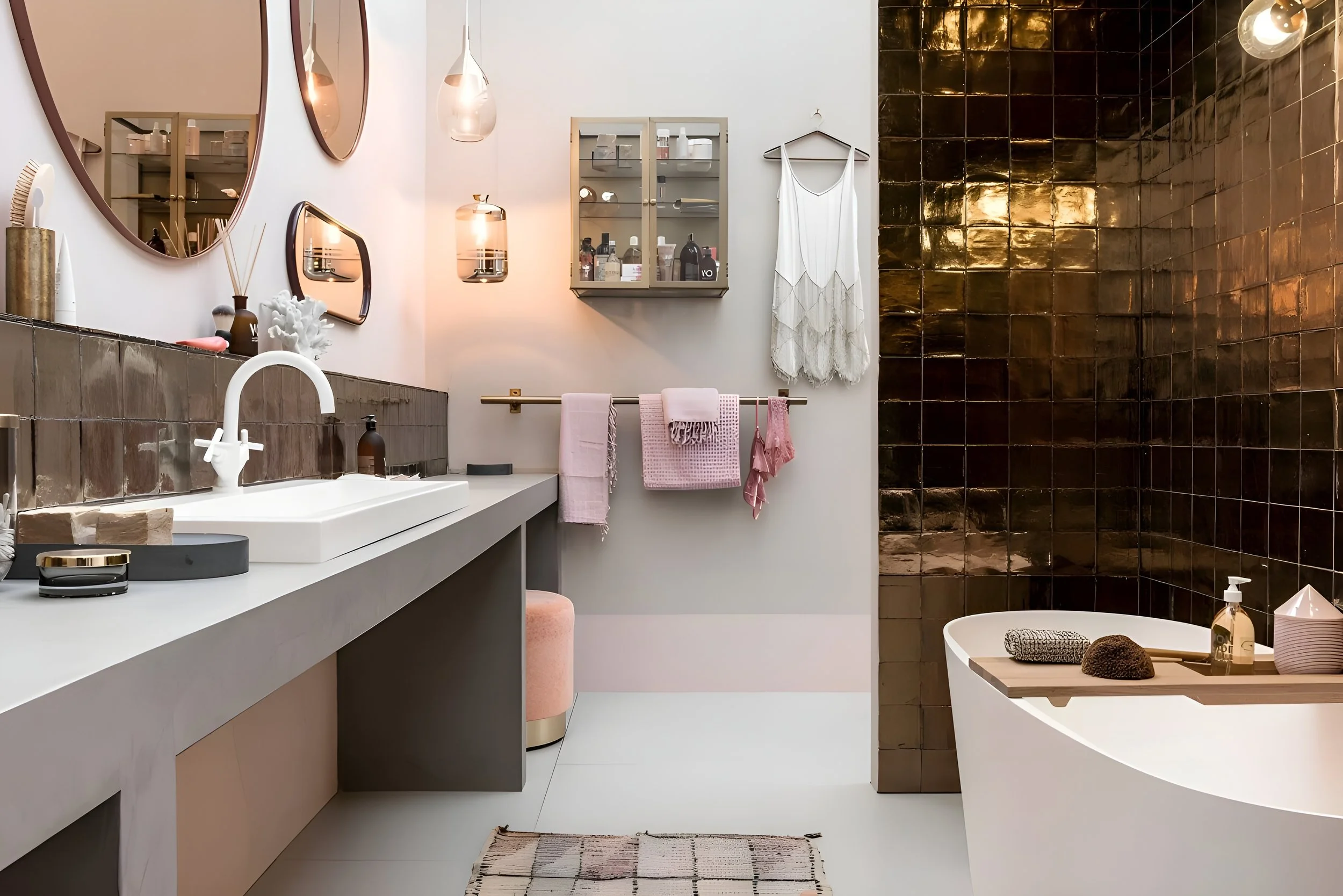 Baño residencial · Oro brillo · 10×10