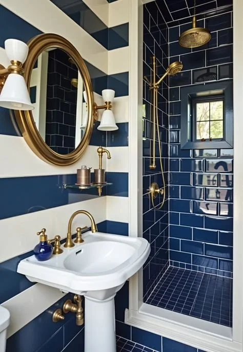 BAÑO BLANCO Y AZUL CERAMICA