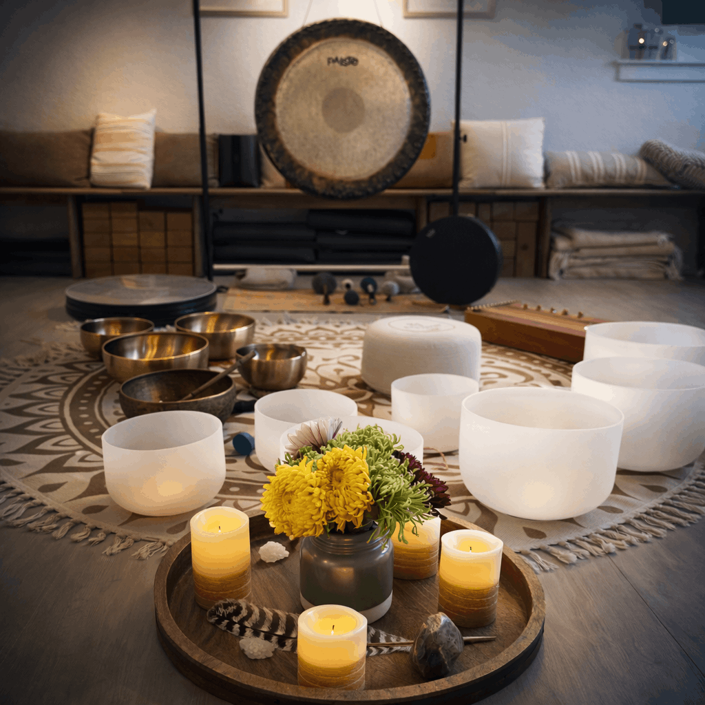 A collection of singing bowls, candles, a flower arrangement, and other meditation tools arranged on a round rug in a cozy room for sound healing or meditation.