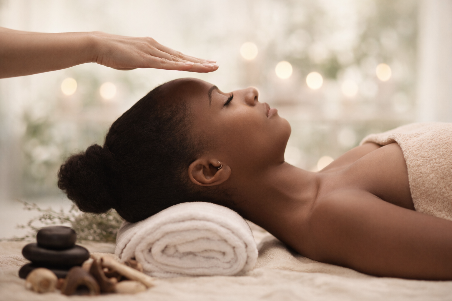 A woman receives a reiki treatment lying on her side with her head on a rolled towel. A therapist's hand is above her forehead, and there are massage stones and wooden massage tools nearby. The background is softly lit and relaxing.