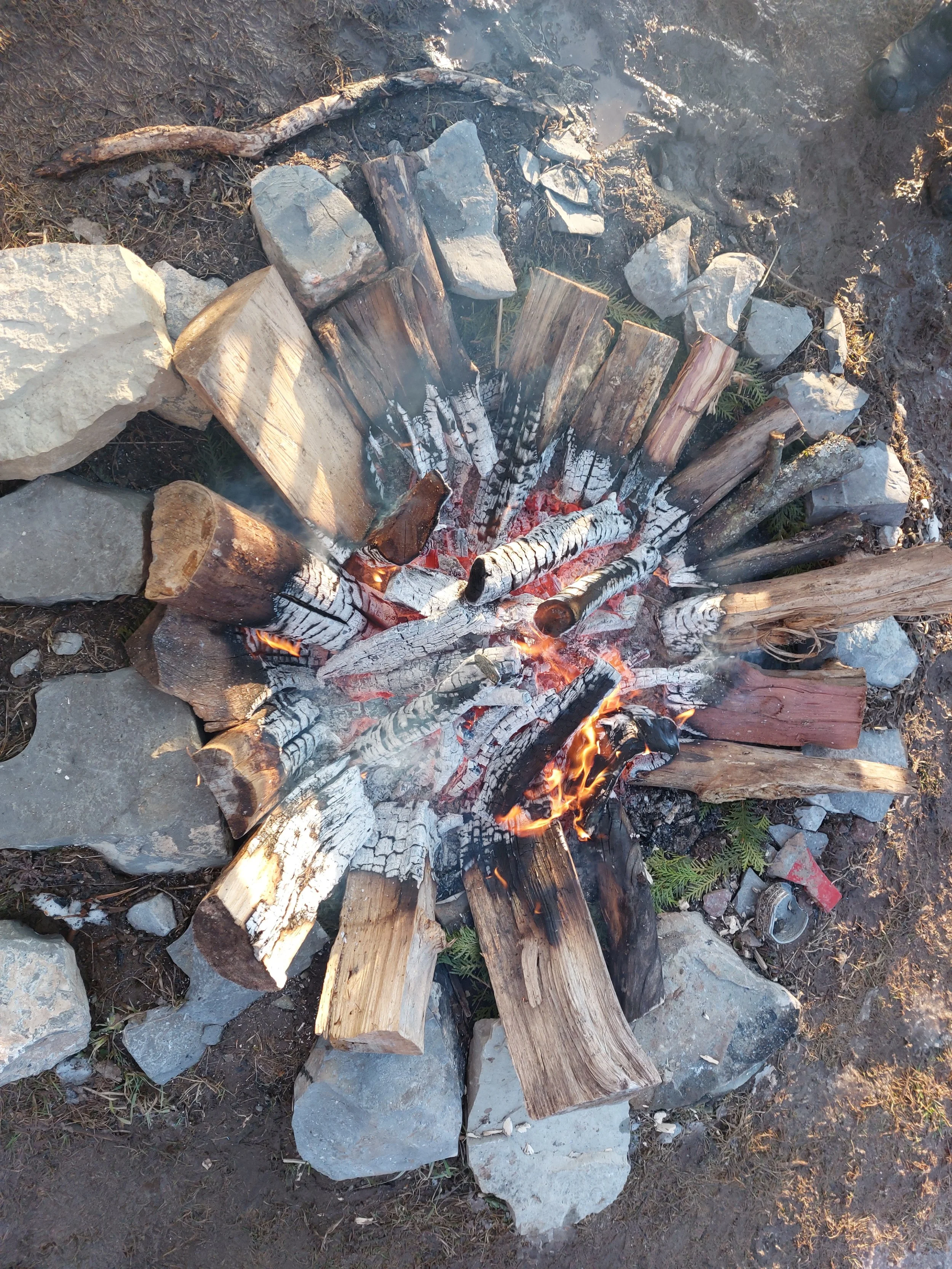 A campfire with burning wood logs surrounded by rocks, with some smoke rising from the flames.