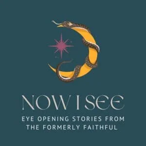 A graphic design featuring a stylized sea serpent with the text 'Now I See: Eye Opening Stories from the Formerly Faithful.'