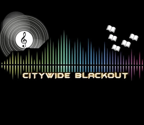 Musical notes and a DJ turntable with a colorful equalizer display, titled "Citywide Blackout" in neon-style text.