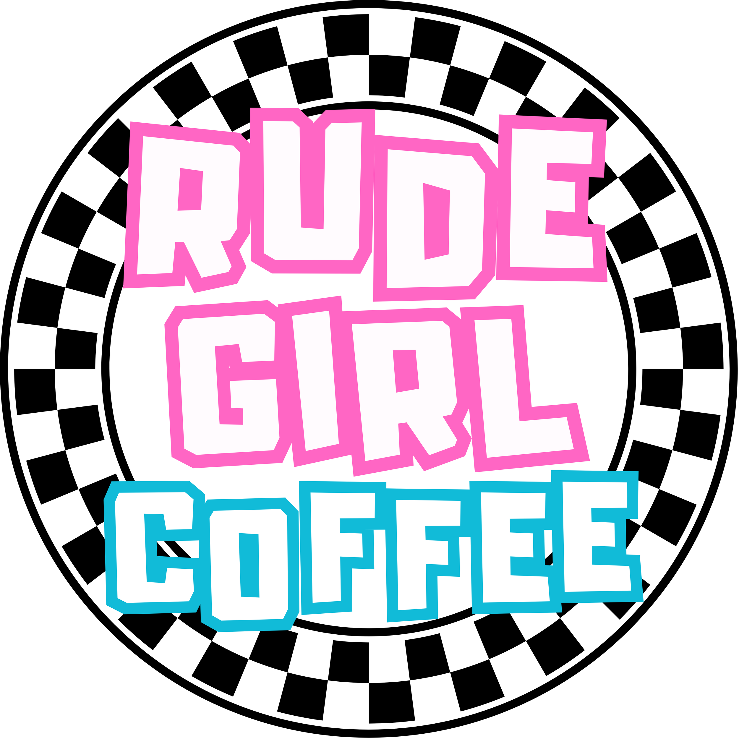 Colorful geometric text design with words 'RUDE' in pink, 'COFFEE' in blue, and 'GIRL' in pink, arranged within a black and white checkered circular border.