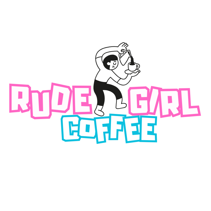A logo with a cartoon girl pouring coffee, with the words 'Rude Girl Coffee' in pink and blue block letters.