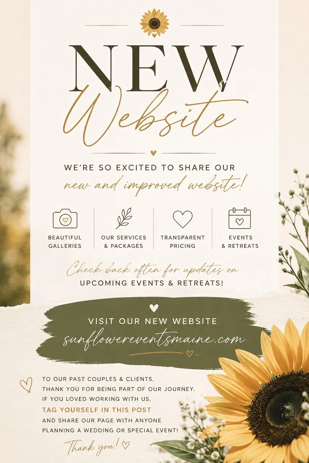 ✨ Our new website is officially LIVE! ✨

sunflowereventsme.com

We&rsquo;re so excited to finally share a refreshed space that better reflects our work, our services, and the meaningful celebrations we&rsquo;ve had the honor of being part of througho