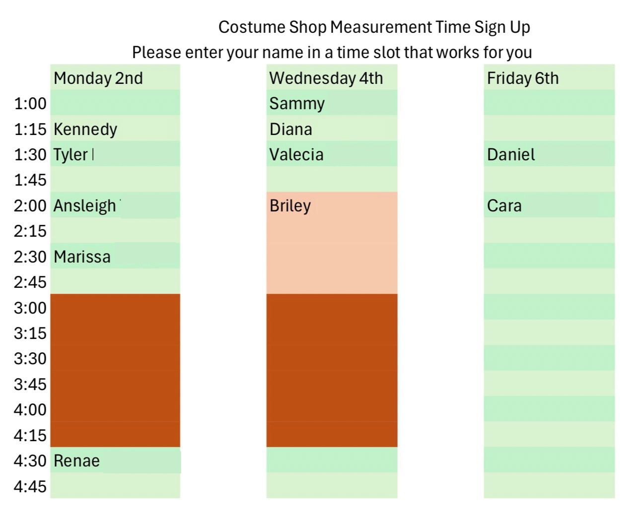 Sign up form for actors to be measured and communicate expected times with costume crew