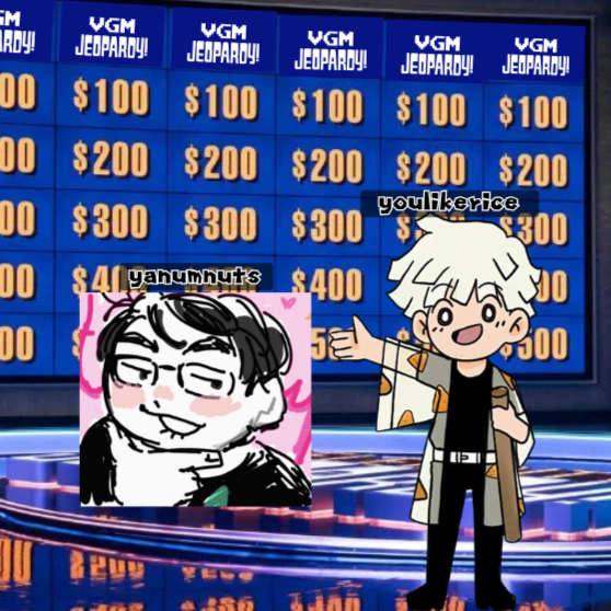 A game show set with a blue Jeopardy-style board displaying dollar amounts from $100 to $400. There are animated cartoon characters overlaid on the image: one character with white hair and a tan coat, and a black-and-white sketch of a person with glasses and pouting, labeled "yan numb nuts." The character with white hair is saying "you like ice."