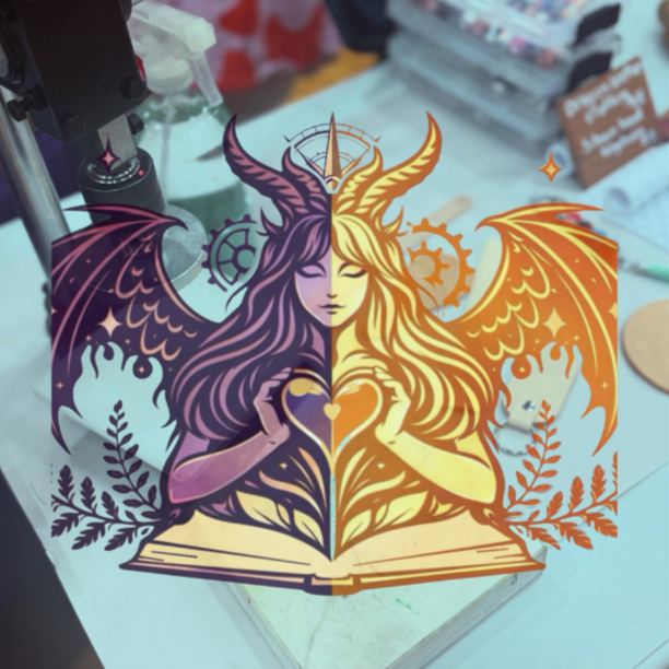 A colorful illustration of a split-character with a fantasy theme. The left side features a purple, winged female with horns and long hair, holding a heart-shaped object. The right side shows a yellow, winged female with horns and long hair, holding the same heart-shaped object. Both halves are surrounded by gears, leaves, and a book base.
