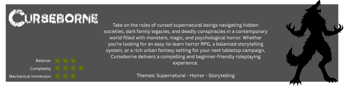 Curseborne Banner. TTRPG where the player takes on a supernatural persona and navigates hidden societies, dark family legacies, and deadly conspiracies. Magic, monsters, psychological horror. Easy to learn RPG, storytelling, urban fantasy.