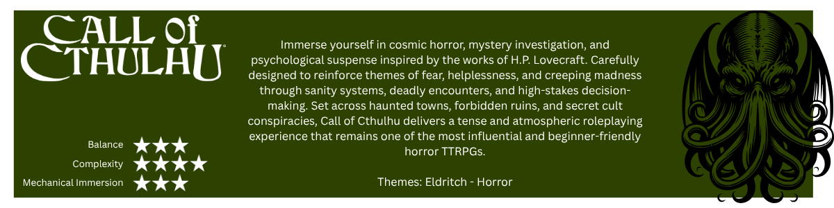 Call of Cthulu Banner. A cosmic horror, investigation and suspense board game inspired by H.P. Lovecraft. It features haunted towns, forbidden ruins, secret cults and deadly encounters. Beginner friendly TTRPG. Themes: Eldritch, Horror.