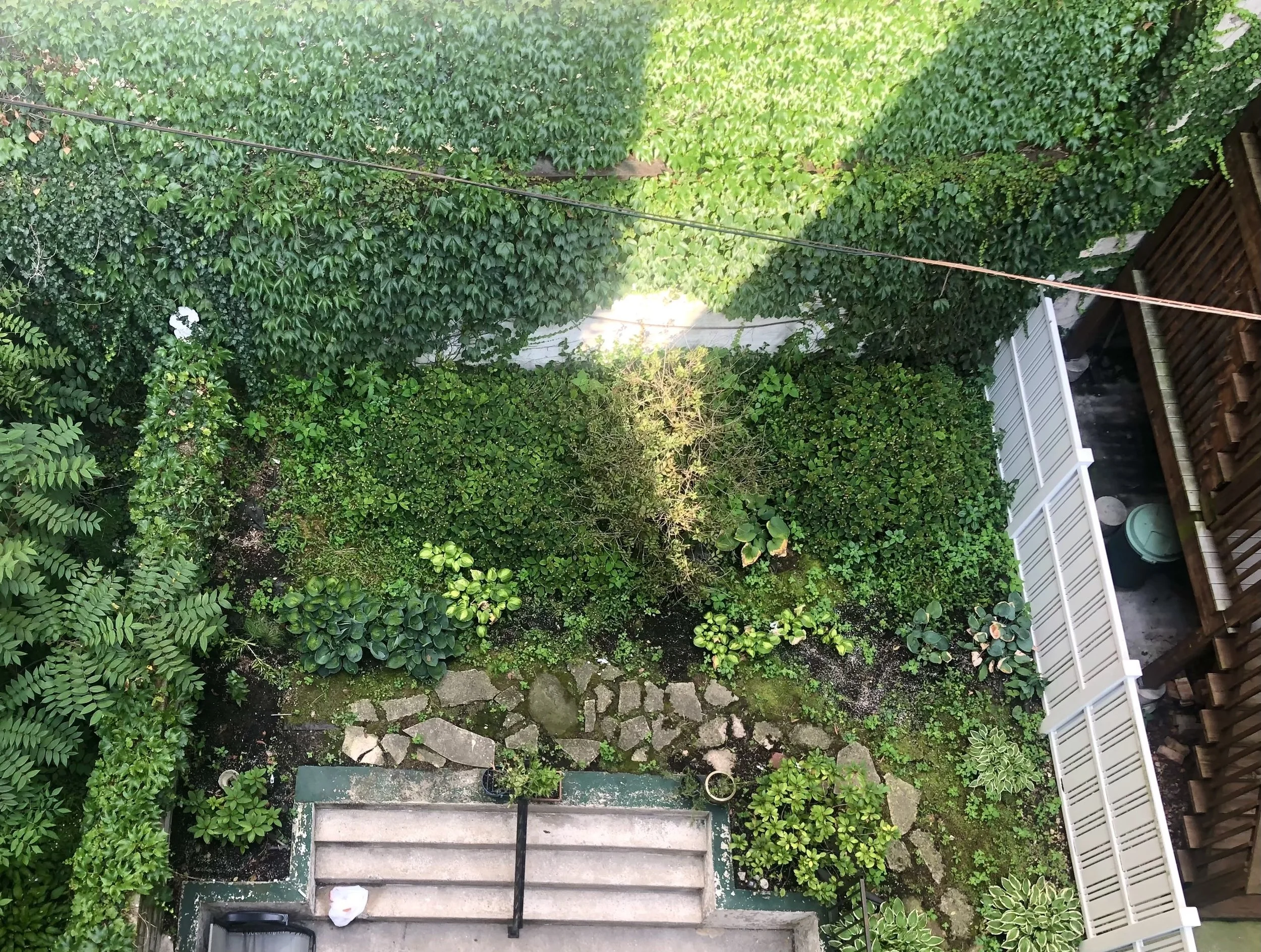 View from above of a small garden with a stone pathway, steps, lush green bushes, trees, and a white fence on the right side.