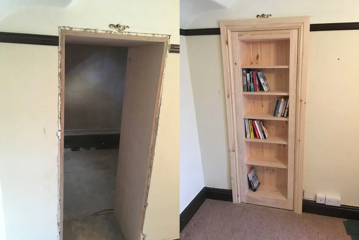 Before and after - secret hidden bookcase door build