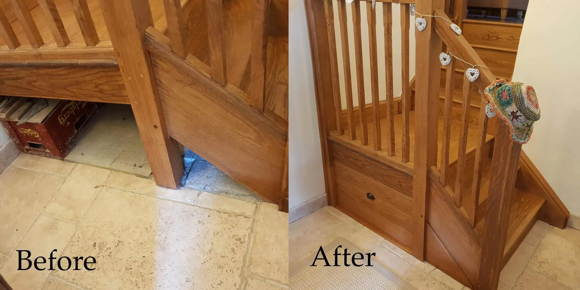 Before and after restoration of oak staircase