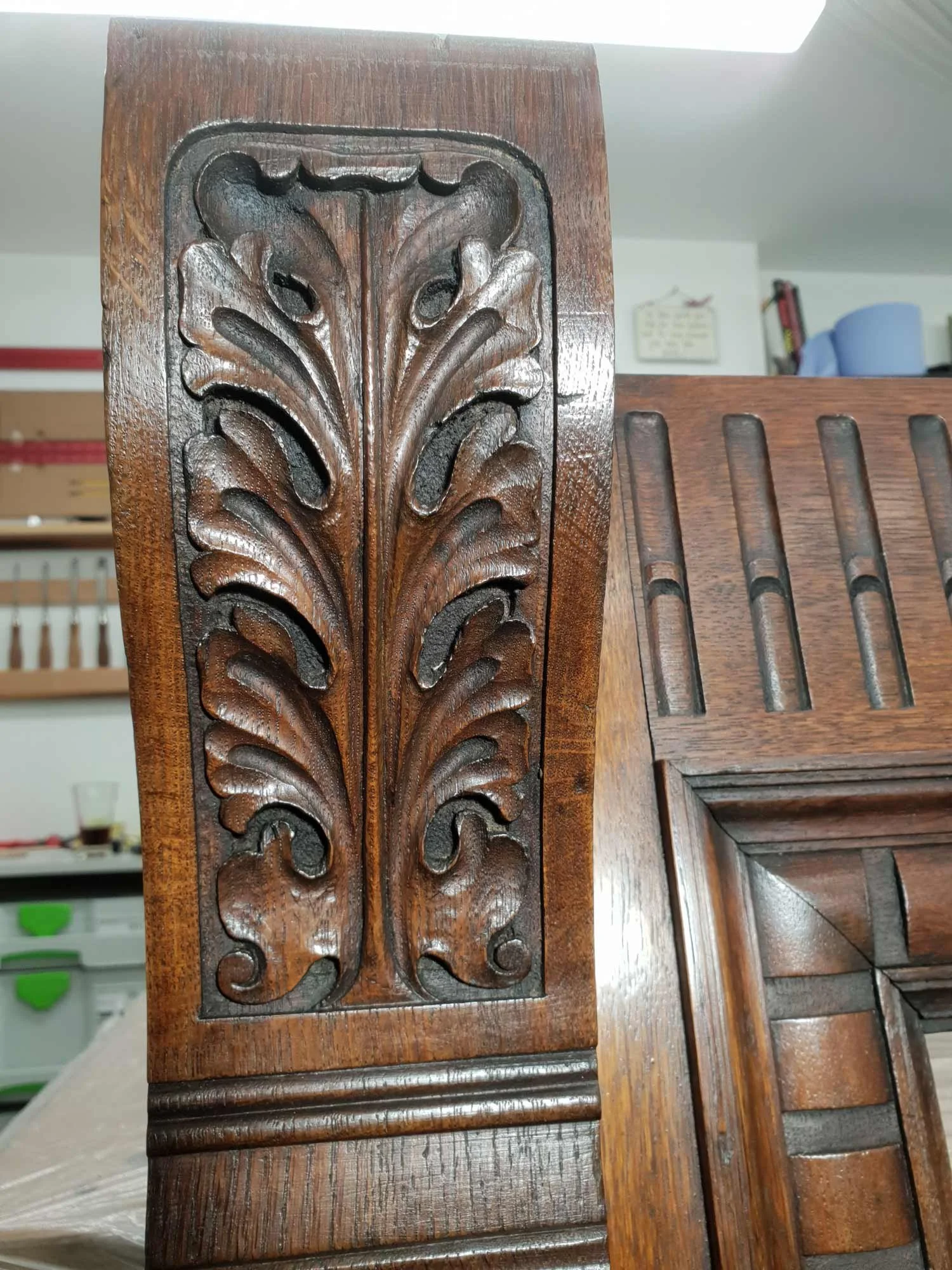 Detail of restored oak fireplace
