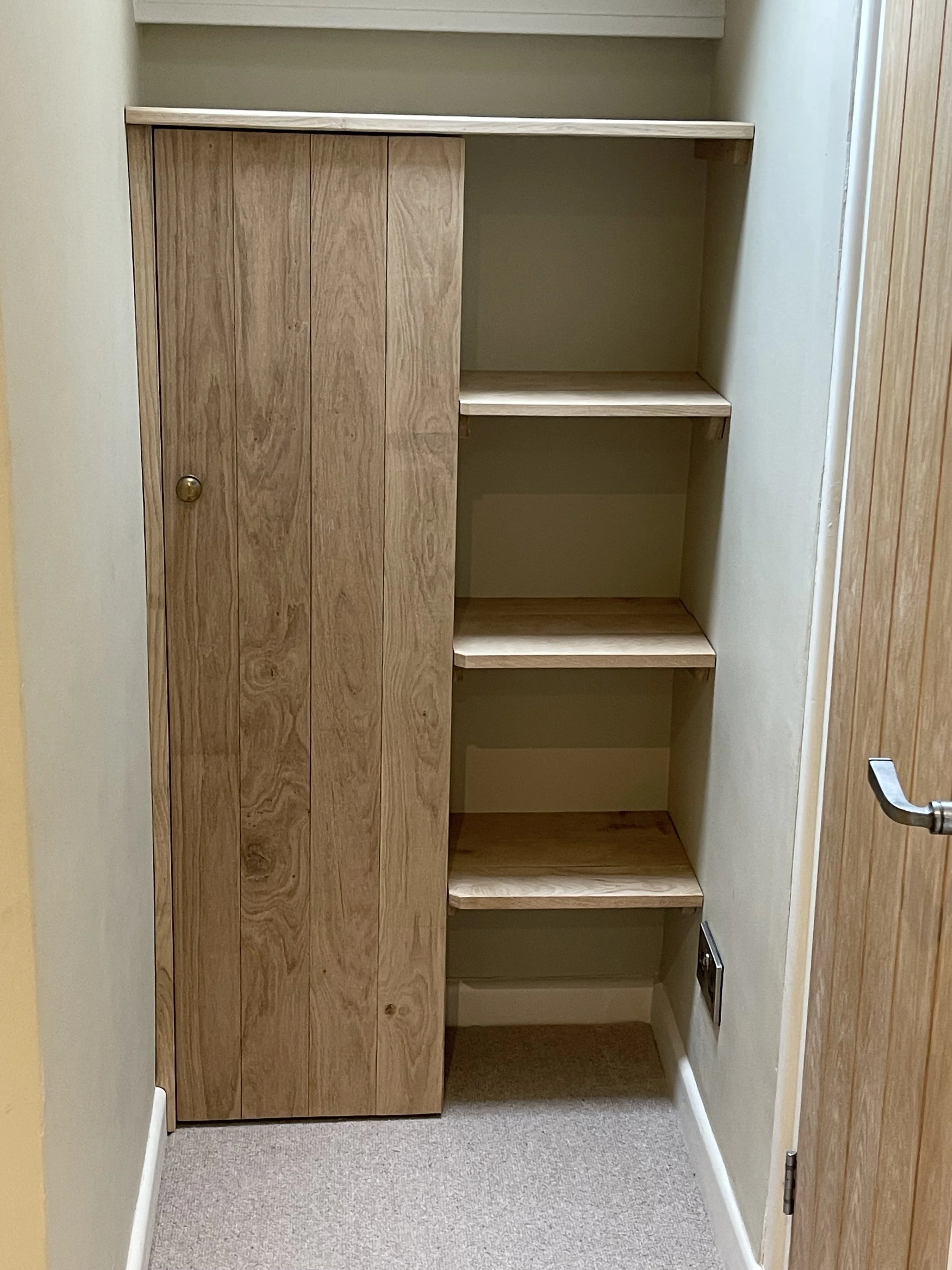 A small wooden cabinet with a door on the left and four open shelves on the right, located in a corner with light green walls and a beige carpeted floor.