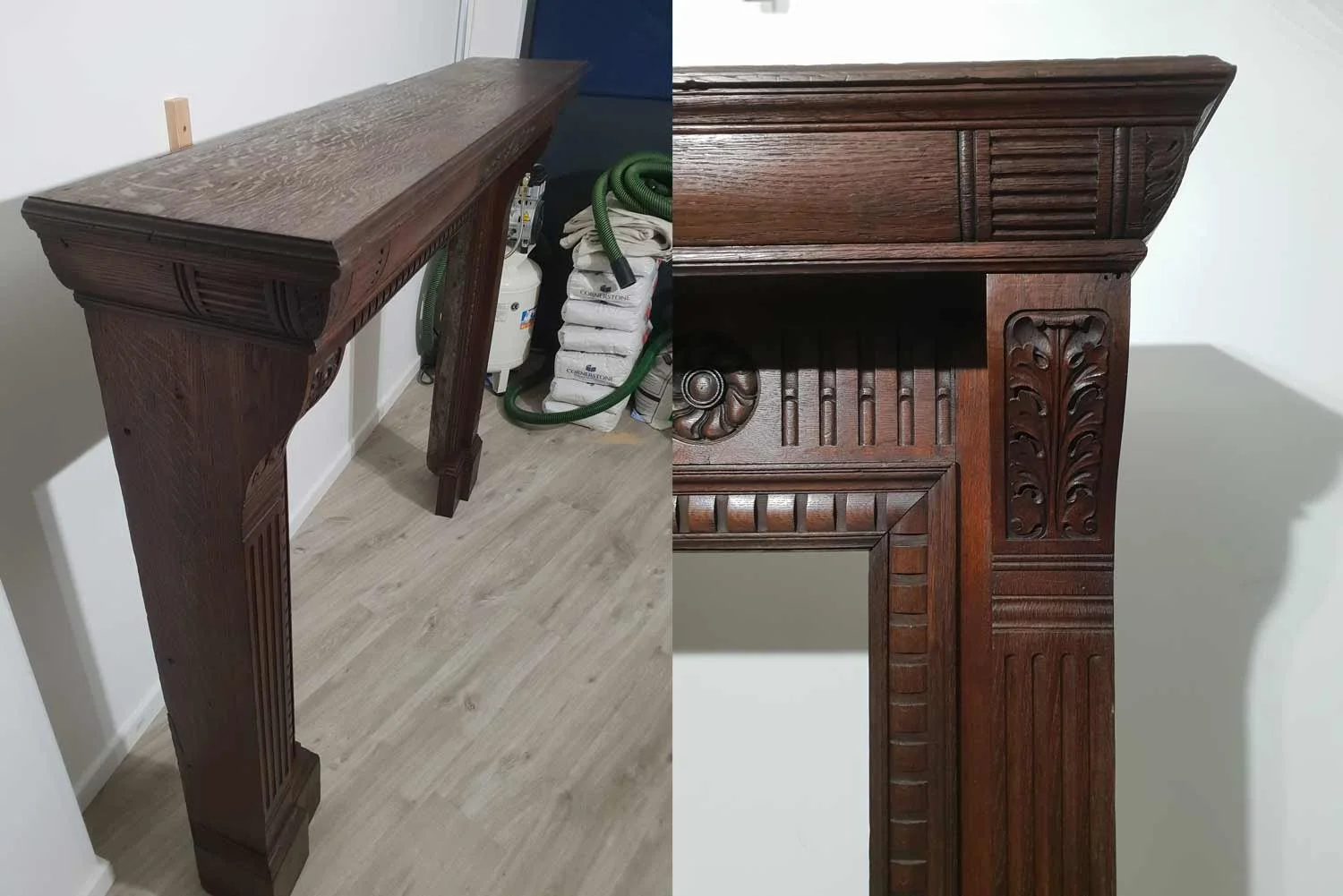 Detail of oak fireplace restoration