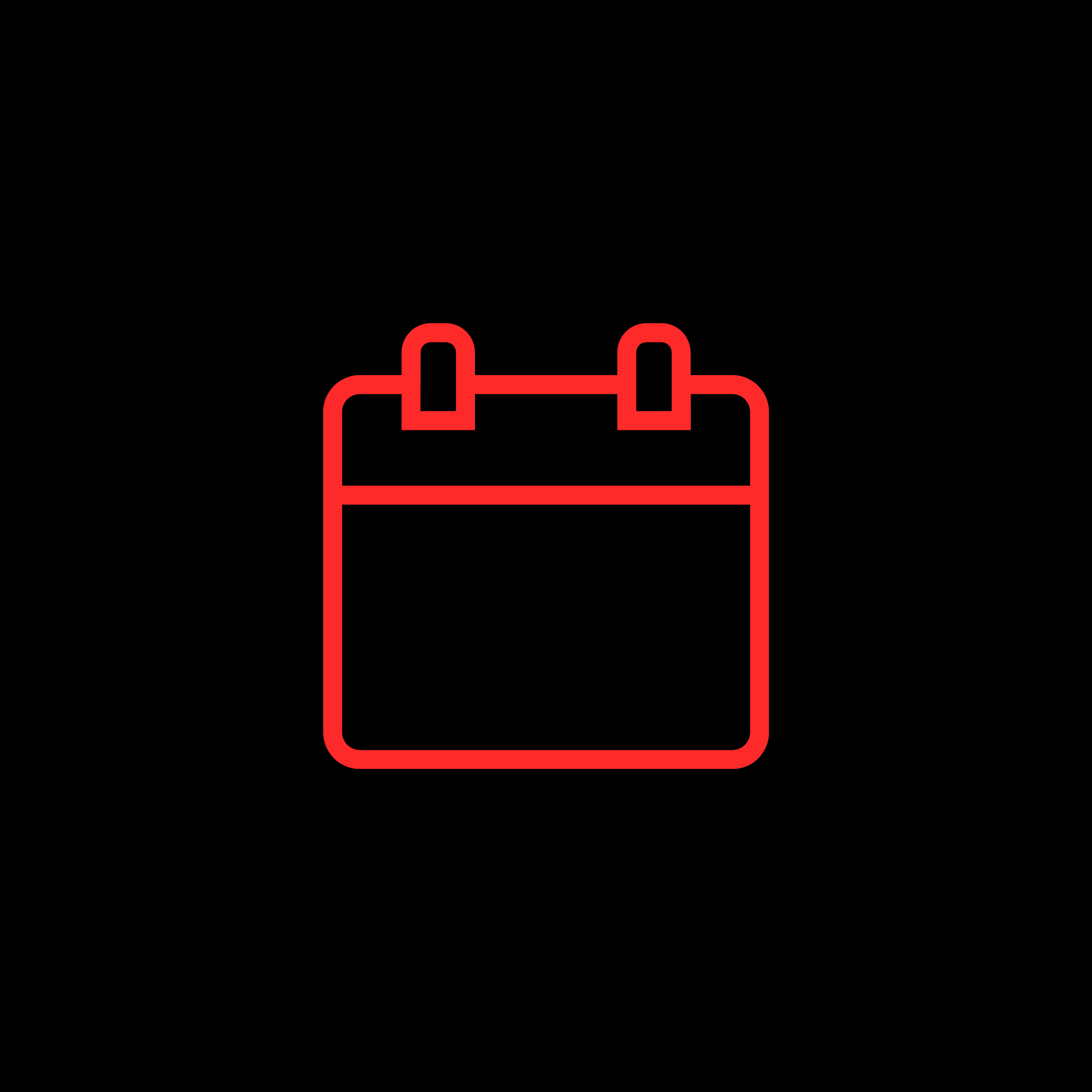 Neon red outline of a calendar icon on a black background.