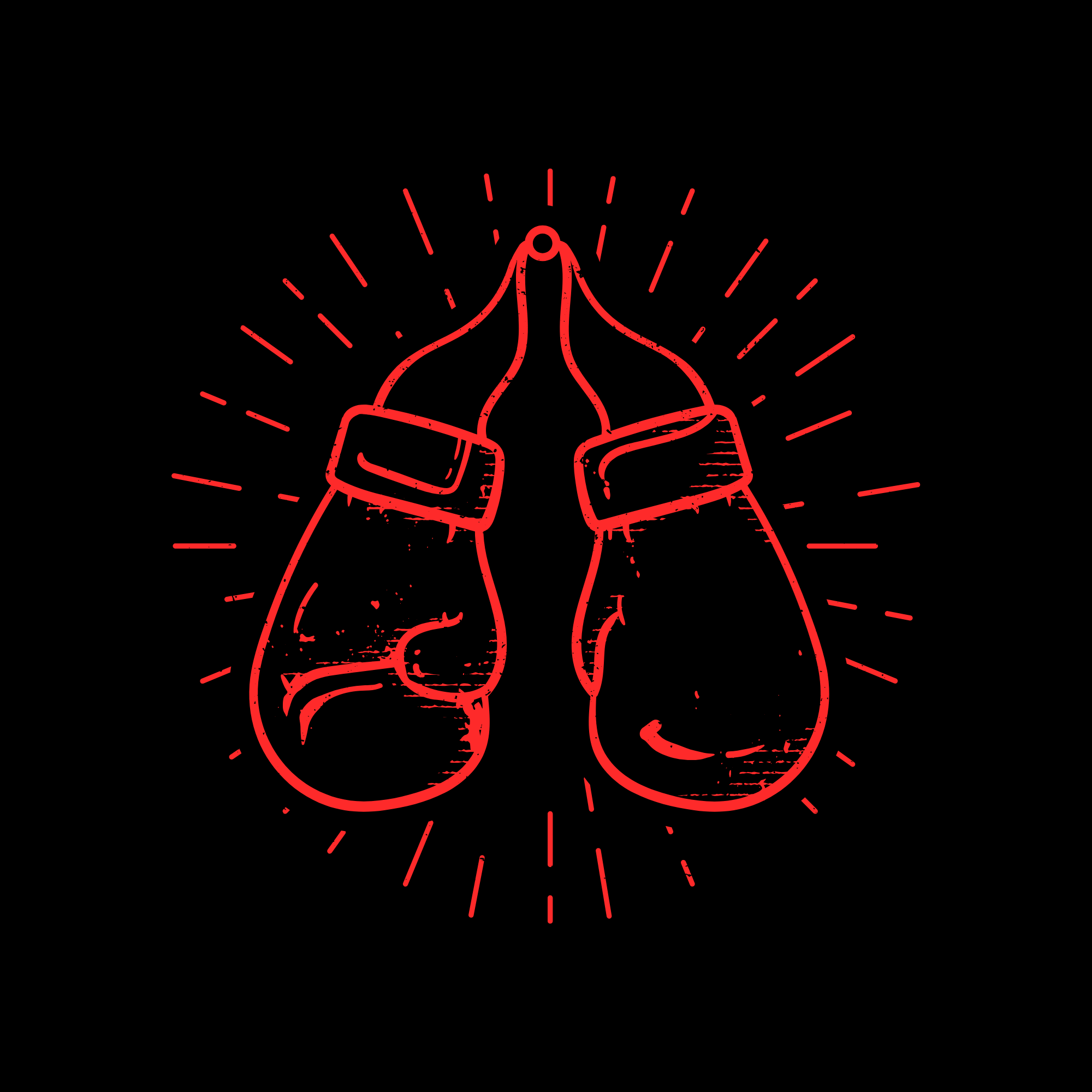 Red outline illustration of boxing gloves with rays emanating from the gloves on a black background.