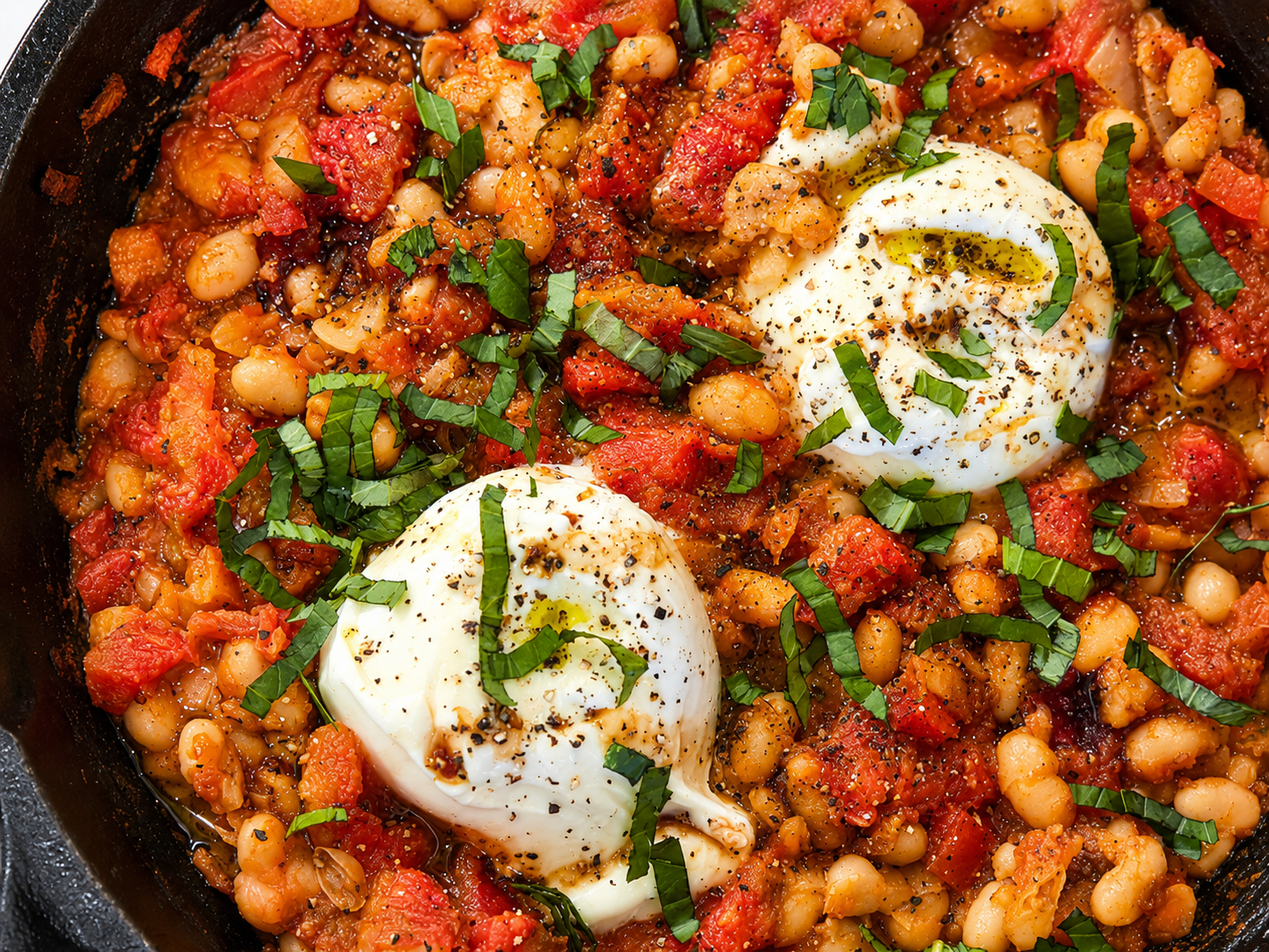 Tomato white bean skillet topped with creamy burrata, fresh herbs, olive oil, and cracked black pepper