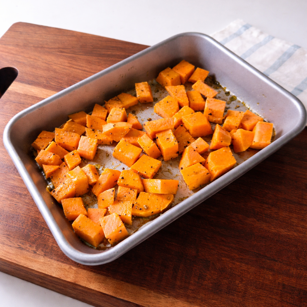 Diced sweet potatoes tossed with olive oil, salt, and pepper before roasting