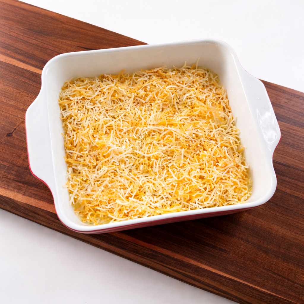 Layer of shredded cheese for Hatch green chile egg casserole before baking