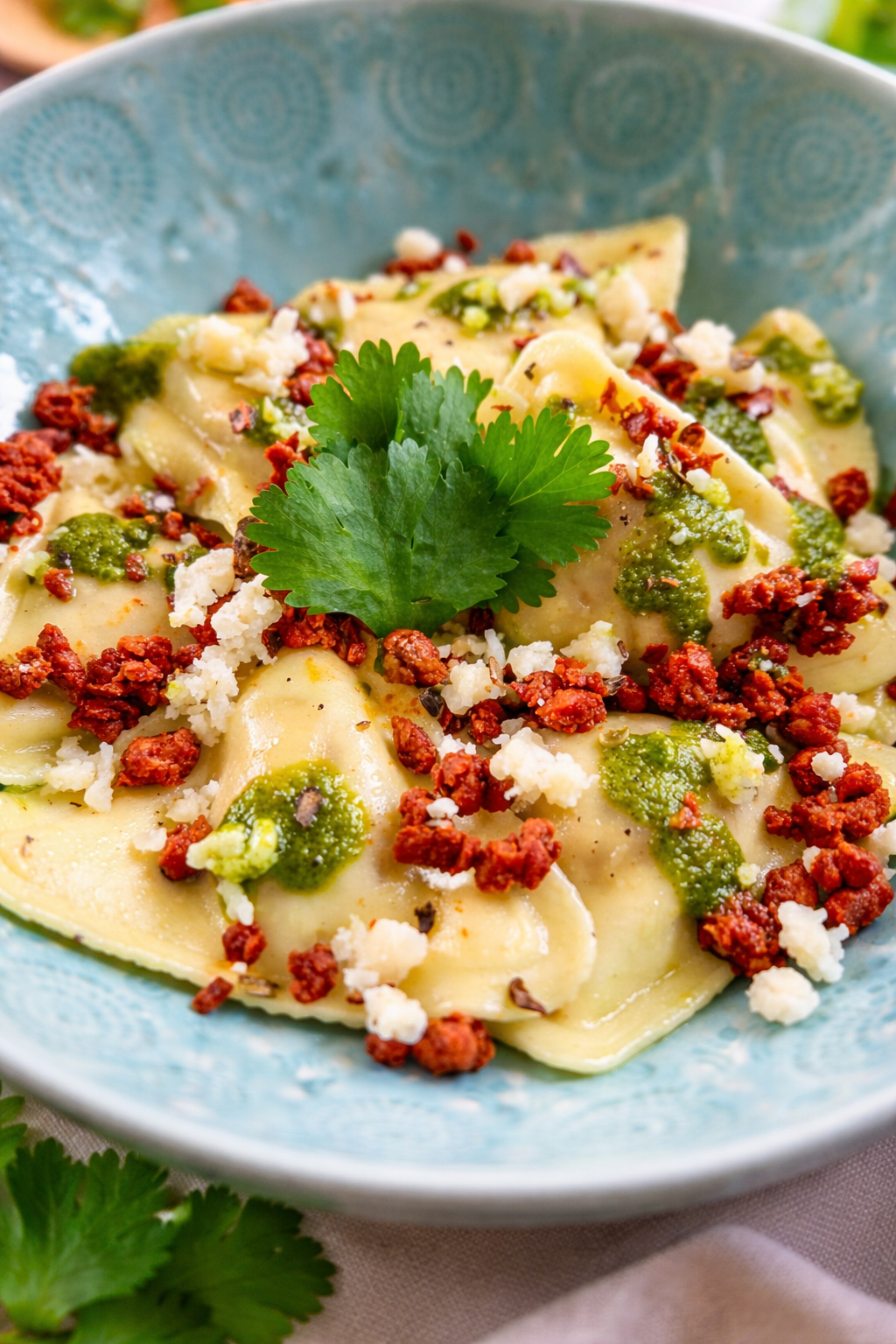 Trader Joe’s butternut squash ravioli topped with soyrizo, cotija cheese, cilantro, and Hatch green chile chimichurri