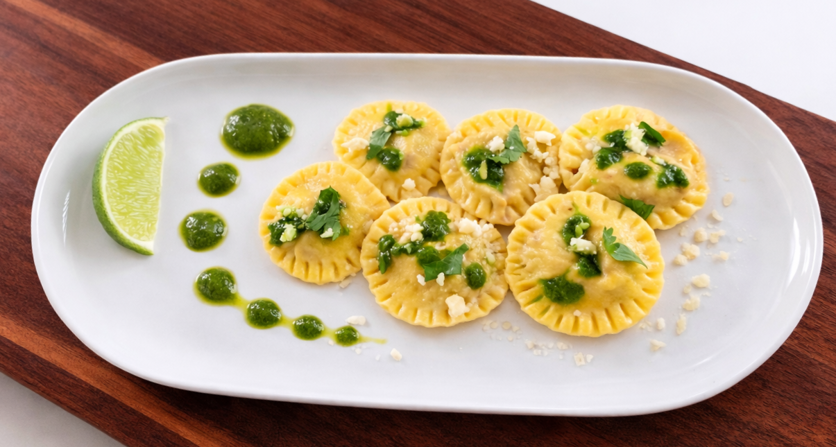 Sweet potato and soyrizo ravioli with Hatch green chile chimichurri on a white plate