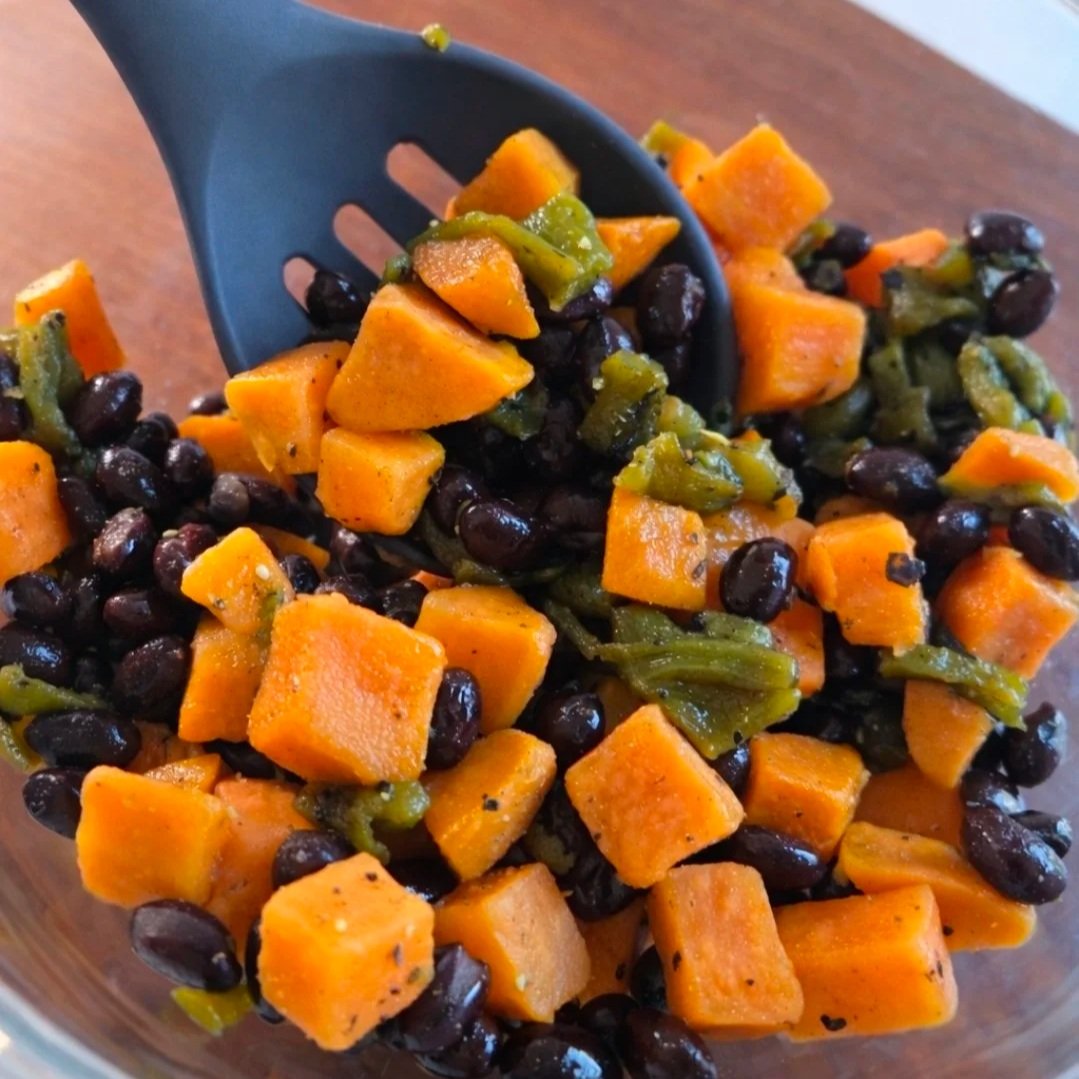 Sweet potato, black bean, and Hatch green chile filling for vegetarian enchiladas