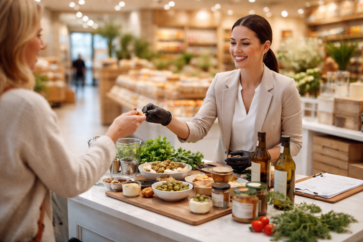 A woman in a beige blazer handing a product to another woman at a food tasting display in a store, with bowls of olives, herbs, and condiments, and bottles of oil on the counter.