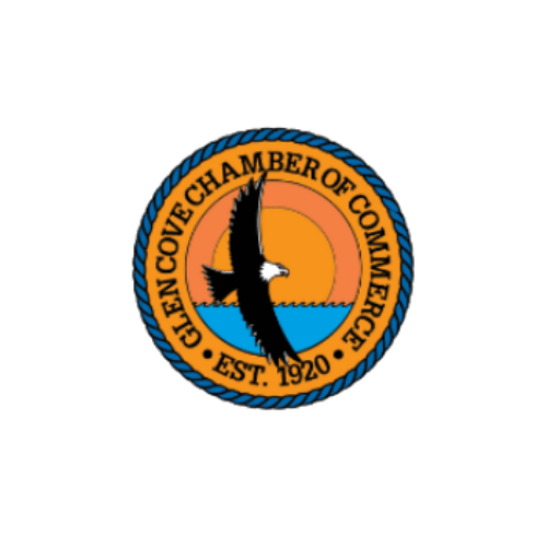 Logo of the Clemen Cove Chamber of Commerce with a black bird silhouette over a sunrise and water background, encircled by a blue rope border, and text indicating EST 1920.