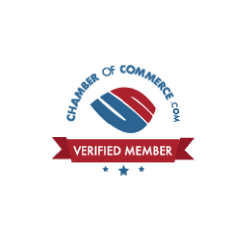Chamber of Commerce Verified Member badge featuring a circular logo with blue and red design elements and the text 'Chamber of Commerce.com' around the top, and a red banner with white text 'Verified Member' across the bottom.