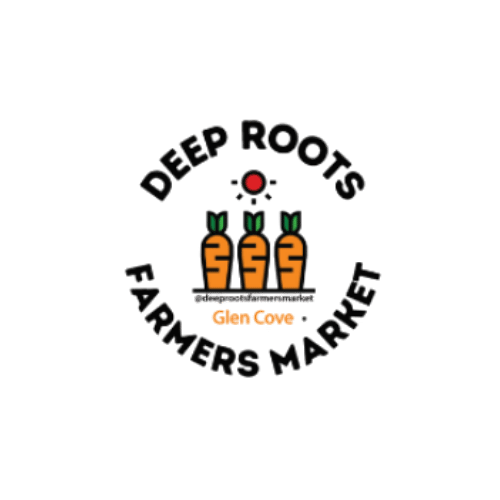 Logo with three carrots, green tops, and orange bodies, above the text 'Gain Grow' with a red dot, and surrounded by the words 'Deep Roots Farmers Market' in a circular pattern.