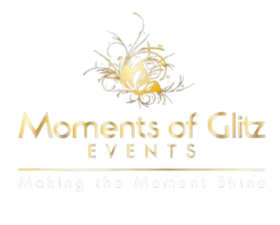 Logo for Moments of Glitz Events with an elegant gold and red design, featuring a decorative swirl and the tagline 'Making the Moment Shine'.